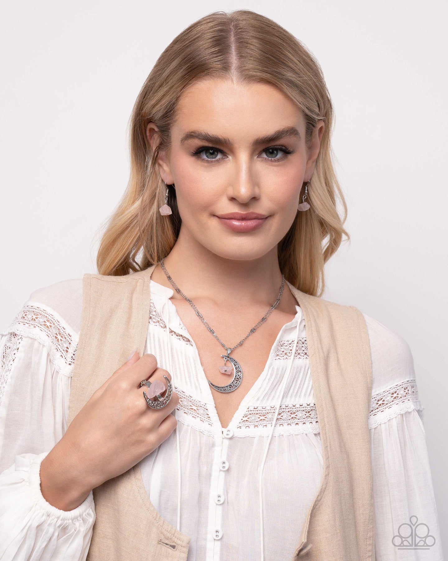$16 Set: Crescent Charm - pink necklace plus matching ring C020