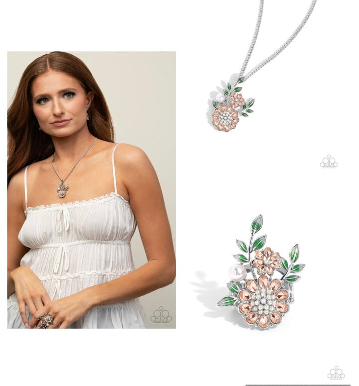 $16 SET: Botanical Bunch - orange necklace + matching ring E015