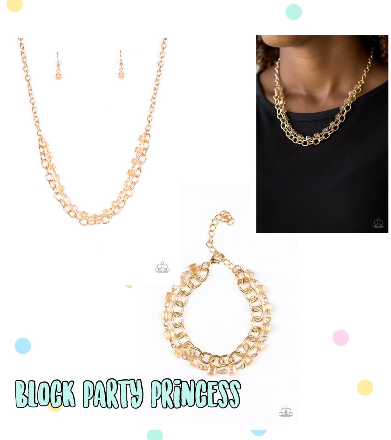Block Party Princess - Gold necklace plus matching bracelet 1556