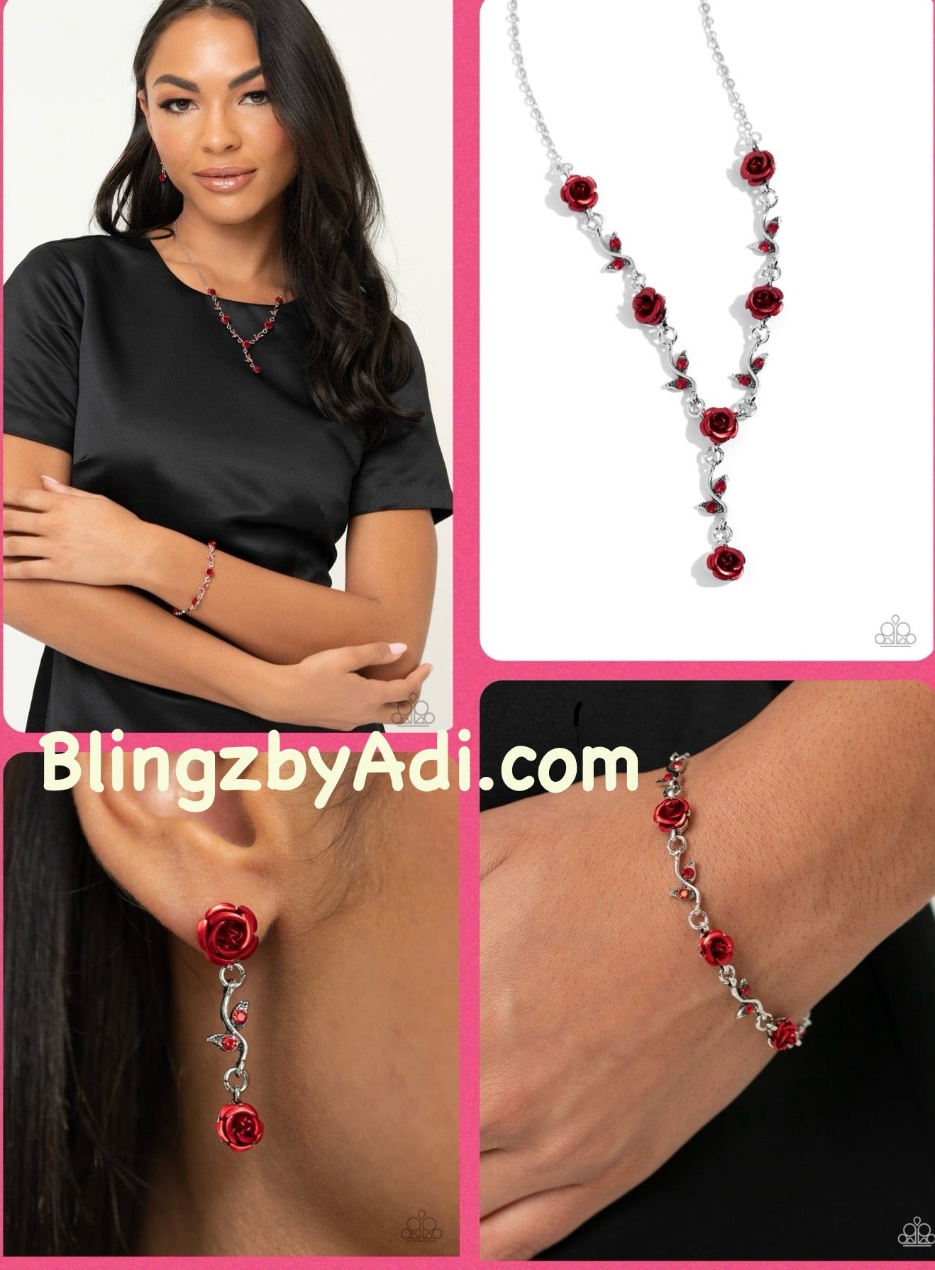 $24 SET: ROSE Without Saying... - Red necklace + matching earring/bracelet E020