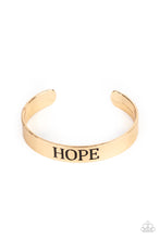Load image into Gallery viewer, Hope Makes The World Go Round - Gold cuff bracelet B071
